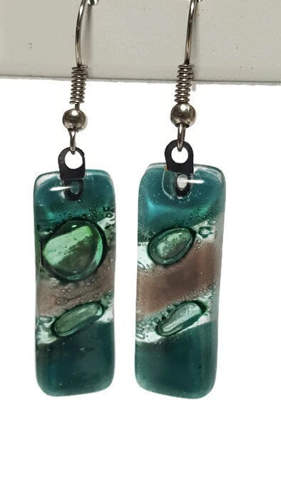 Dangle Earrings Green earrings. Green ans Taupe  Recycled Fused Glass Drop earrings.