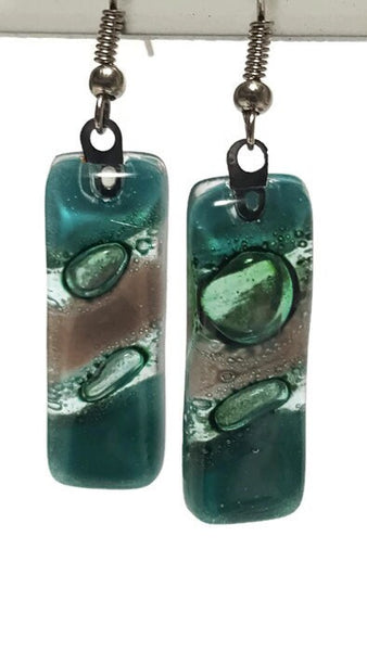 Dangle Earrings Green earrings. Green ans Taupe  Recycled Fused Glass Drop earrings.