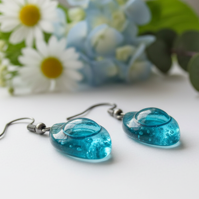 Blue Drop Earrings. Leaf Shaped Turquoise dangle earrings, Recycled Glass. Aqua earrings.