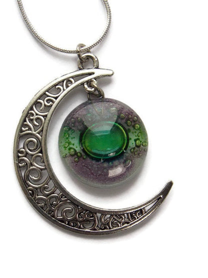 Green and purple moon long pendant Recycled glass. Crescent moon necklace. Magical jewelry.  Universe pendant. Eco-friendly jewelry