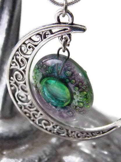 Green and purple moon long pendant Recycled glass. Crescent moon necklace. Magical jewelry.  Universe pendant. Eco-friendly jewelry