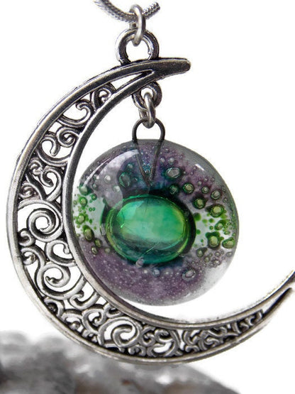 Green and purple moon long pendant Recycled glass. Crescent moon necklace. Magical jewelry.  Universe pendant. Eco-friendly jewelry