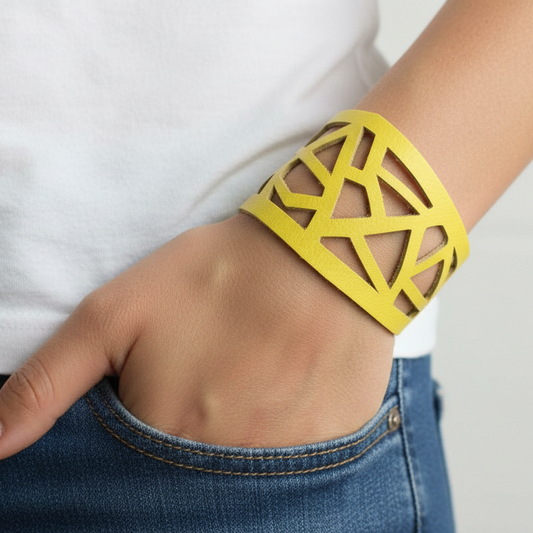Yellow Barcelona Leather Cuff. Reclaimed Leather bracelet. Handcut in a Laser cutting style...