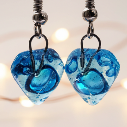 Small heart shapped blue fused glass drop Earrings. Turquoise Recycles Glass dangle Earrings.