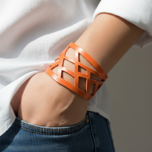 Leather Cuff. Orange Barcelona Leather cuff. Reclaimed Leather. Leather wrist band.
