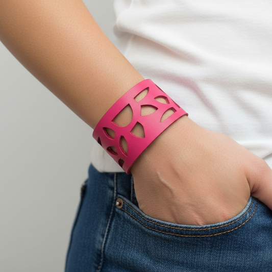 Pink Sunflower Wrist Band. Reclaimed Fucsia  Leather Cuff Bracelet