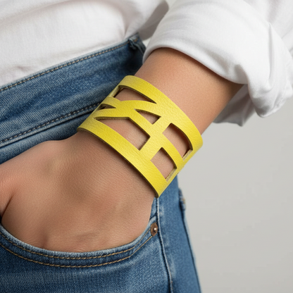 Yellow Reclaimed Leather wrist Cuff. Self Empowering Leather Bracelet. Leather band