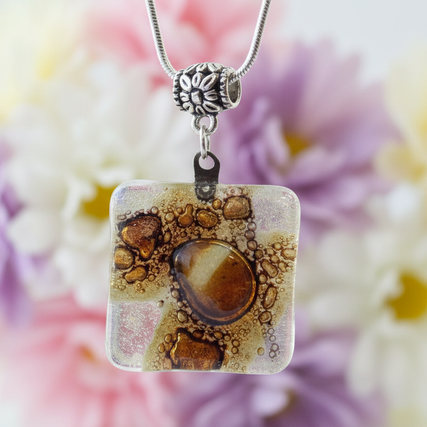 White, Brown and Purply Fused Glass pendant with lots of Bubble! Perfect Necklace, Easy to Match!