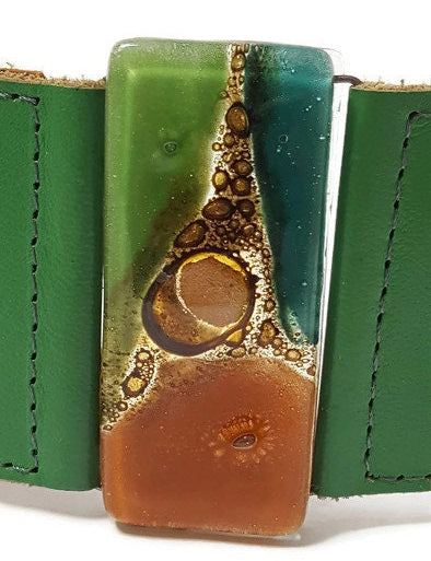 Leather and Glass Cuff Bracelet!! Recycled fused glass wide leather bracelet