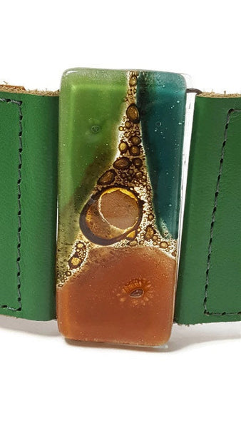 Leather and Glass Cuff Bracelet!! Recycled fused glass wide leather bracelet