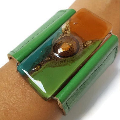 Leather and Glass Cuff Bracelet!! Recycled fused glass wide leather bracelet