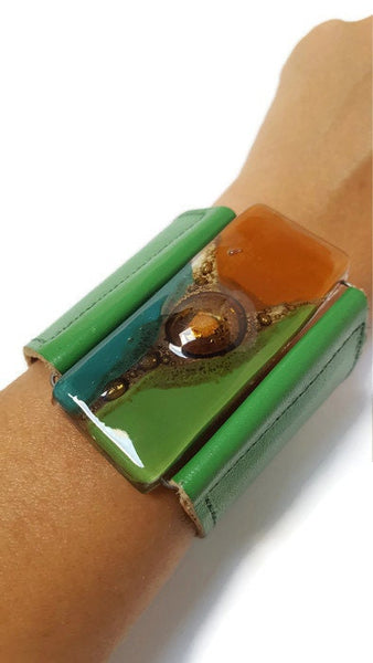 Leather and Glass Cuff Bracelet!! Recycled fused glass wide leather bracelet