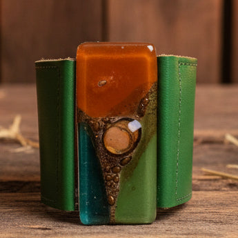 Leather and Glass Cuff Bracelet!! Recycled fused glass wide leather bracelet