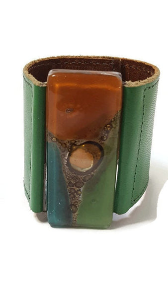 Leather and Glass Cuff Bracelet!! Recycled fused glass wide leather bracelet