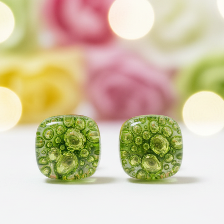 Small Post peridot Green  Earrings. Fused Glass Studs. Recycled Glass jewelry.