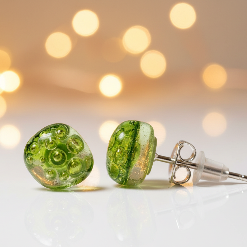 Small Post peridot Green  Earrings. Fused Glass Studs. Recycled Glass jewelry.