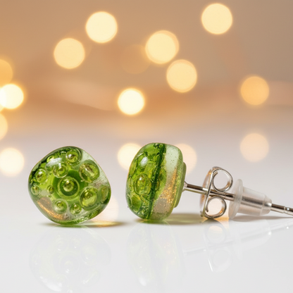 Small Post peridot Green  Earrings. Fused Glass Studs. Recycled Glass jewelry.
