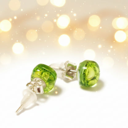 Small Post peridot Green  Earrings. Fused Glass Studs. Recycled Glass jewelry.