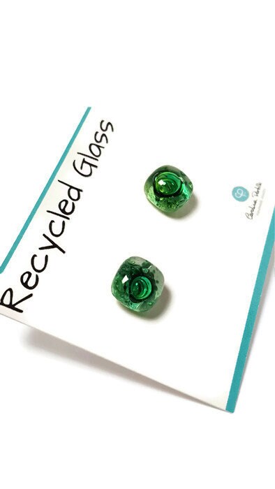 Post Earrings. Recycled glass Earrings. Green Earrings Studs