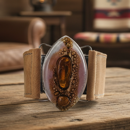 Leather cuff. Lilac  and  Brown Fused Glass and  light Brown leather Bracelet.