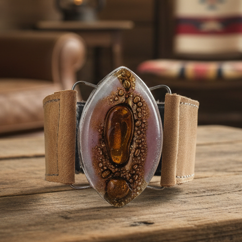 Leather cuff. Lilac  and  Brown Fused Glass and  light Brown leather Bracelet.