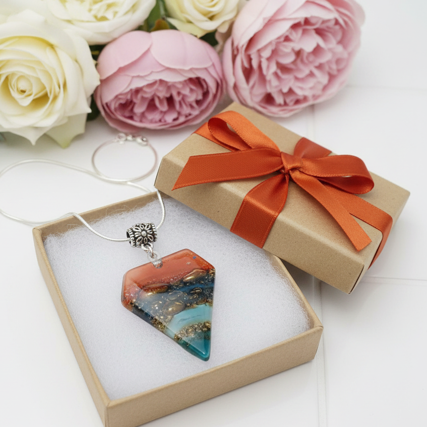 Red, Blue, teal and Brown Fused Glass Pendant. Recycled Glass Necklace