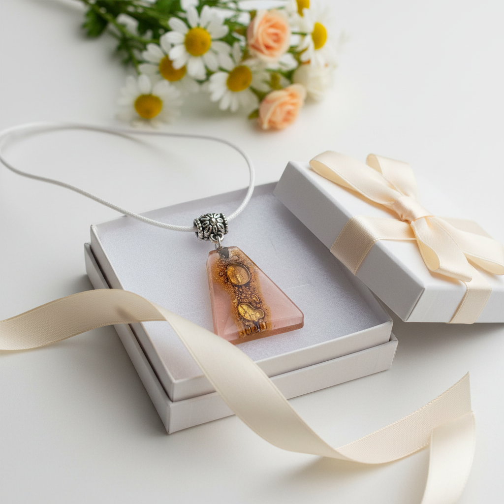 Pink and Brown Fused Glass small Pendant. Recycled Glass Necklace