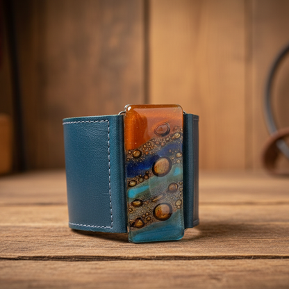 Wide Leather Cuff. Dark green Leather Bracelet. Terracotta, teal  brown and blue cuff