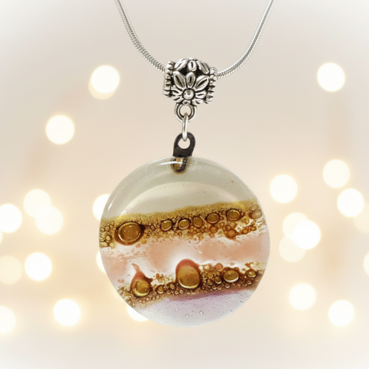 Pink, lilac, White and Brown  Round Recycled Glass Pendant