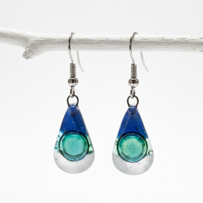 Fused Glass small Teardrop earrings. Blue white green Drop earrings