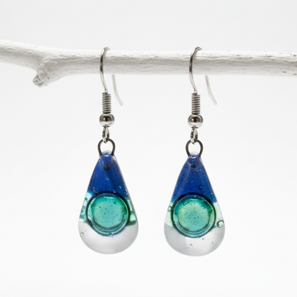 Fused Glass small Teardrop earrings. Blue white green Drop earrings