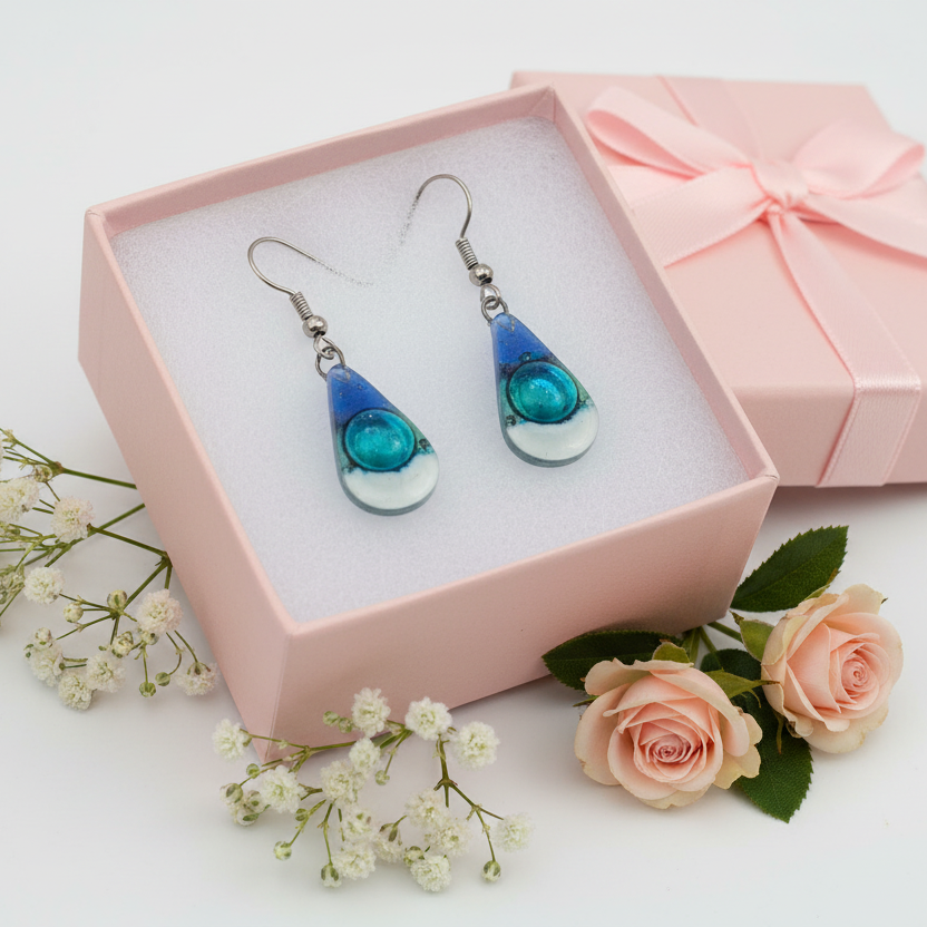 Fused Glass small Teardrop earrings. Blue white green Drop earrings