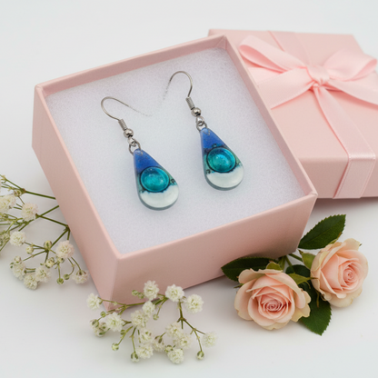 Fused Glass small Teardrop earrings. Blue white green Drop earrings