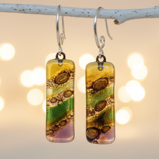 Fused glass  multicolor earrings. Oblong fun colors recycled glass  Dangle earrings