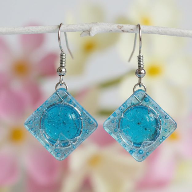 Square Turquoise Recycled Glass Earrings. Small fused Glass Earrings. Glass art