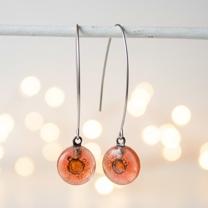 Long fused glass Drop earrings. Pale red and brown Sand V-wire recycled glass dangles.