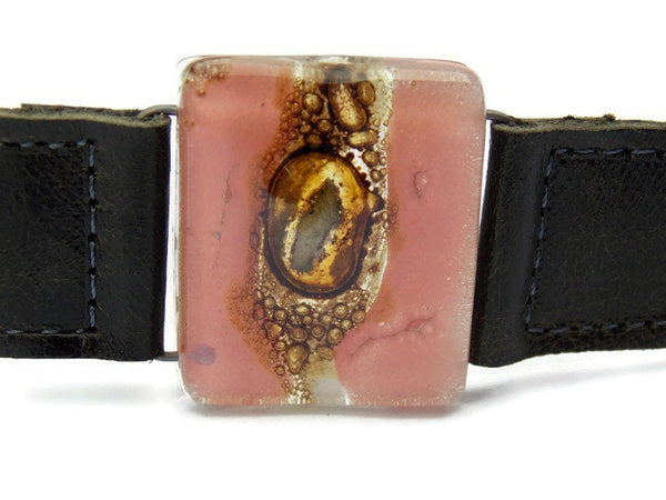 Pink and Brown Fused Glass Leather Cuff. Reclaimed  Dark Olive Green Leather bracelet.