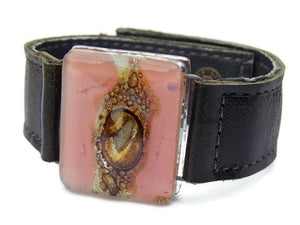 Pink and Brown Fused Glass Leather Cuff. Reclaimed  Dark Olive Green Leather bracelet.