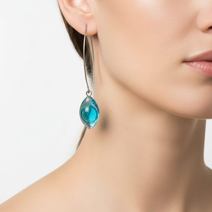 Long open oval V drop earrings. Blue recycled glass drop dangles.