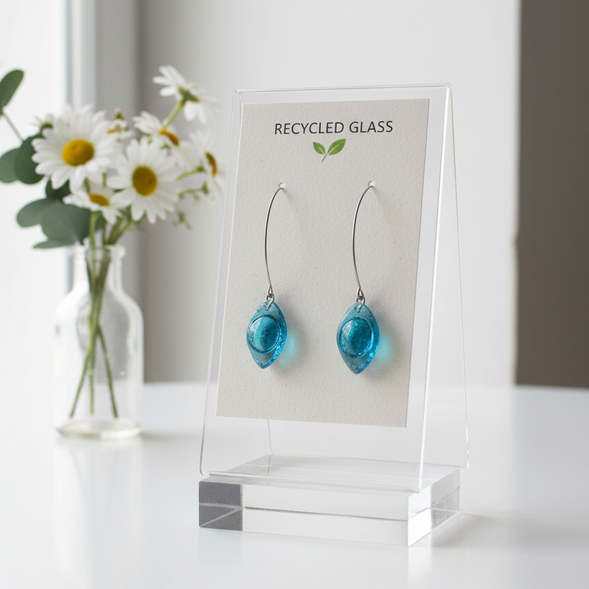 Long open oval V drop earrings. Blue recycled glass drop dangles.