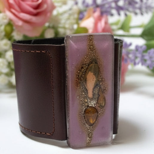 Stylish Wide Leather Cuff. Chocolate dark brown color Leather Bracelet. Recycled glass Bracelet.  Lavender, brown w golden bubbles
