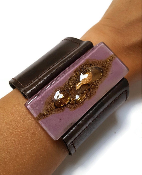 Stylish Wide Leather Cuff. Chocolate dark brown color Leather Bracelet. Recycled glass Bracelet.  Lavender, brown w golden bubbles