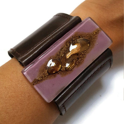 Stylish Wide Leather Cuff. Chocolate dark brown color Leather Bracelet. Recycled glass Bracelet.  Lavender, brown w golden bubbles