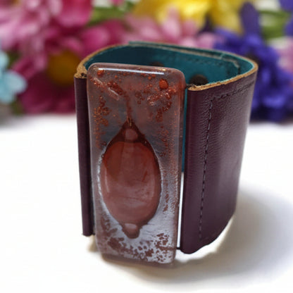 Wide Leather Cuff. Dark purple Leather Bracelet. Recycled glass Bracelet.  Dark pale pink bubble glass