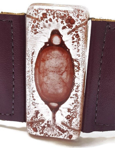 Wide Leather Cuff. Dark purple Leather Bracelet. Recycled glass Bracelet.  Dark pale pink bubble glass