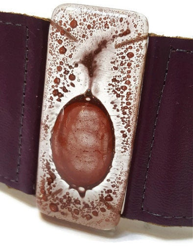 Wide Leather Cuff. Dark purple Leather Bracelet. Recycled glass Bracelet.  Dark pale pink bubble glass