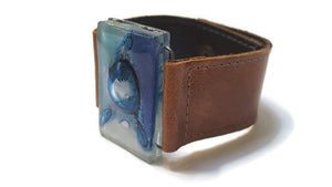 Recycled Fused blue Glass with light Brown Reclaimed Leather bracelet. Cuff. Glass Jewelry