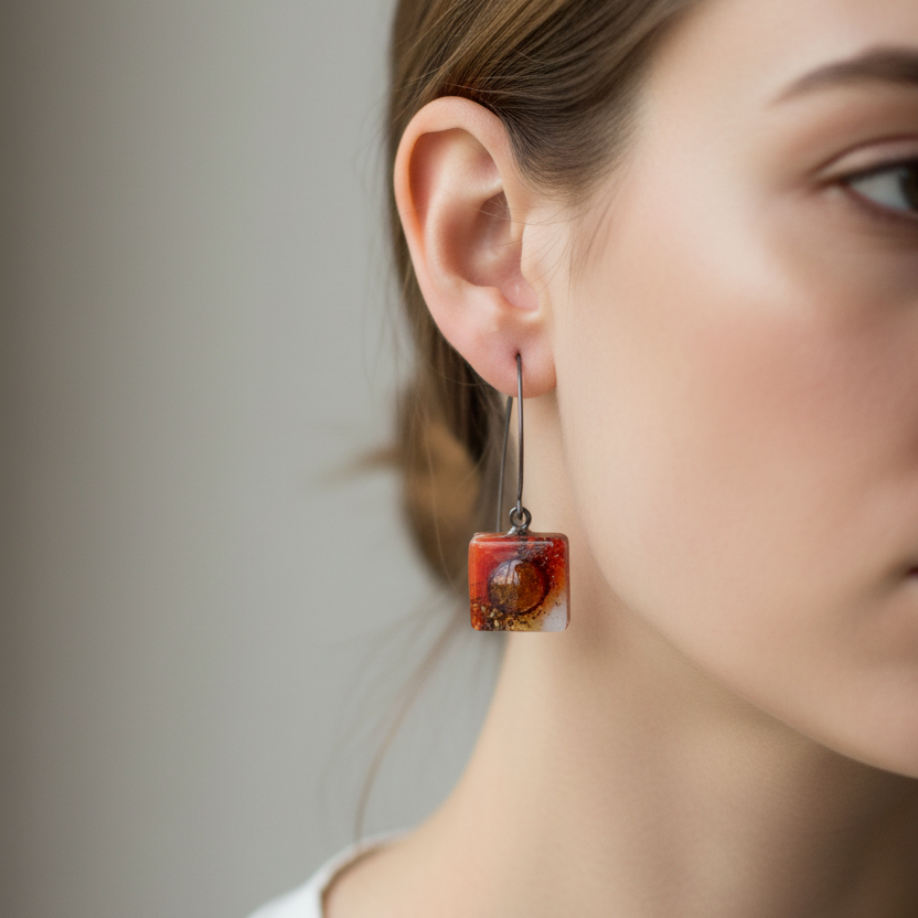 Open oval wire with handmade in red, soft lavender and brown recycled glass beads.