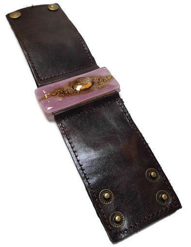 Stylish Wide Leather Cuff. Chocolate dark brown color Leather Bracelet. Recycled glass Bracelet.  Lavender, brown w golden bubbles
