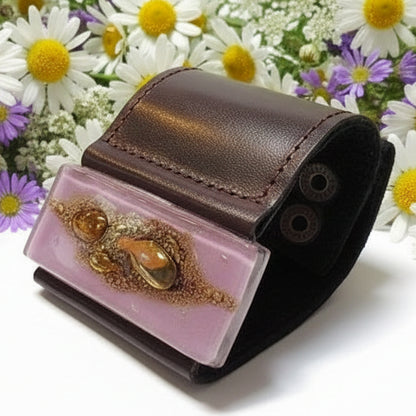 Stylish Wide Leather Cuff. Chocolate dark brown color Leather Bracelet. Recycled glass Bracelet.  Lavender, brown w golden bubbles
